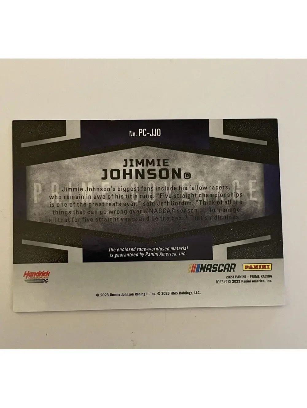 2023 Panini Prime Prime Coverage Jimmie Johnson #PC-JJO /99 Patch Racing Card